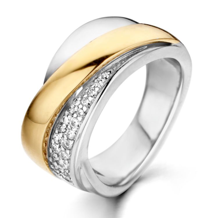 Anello da donna in argento con fascia in oro giallo e zircone.