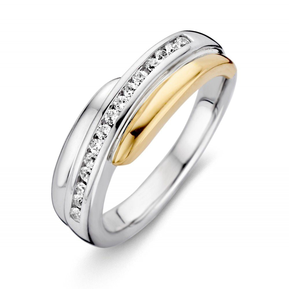 Anello da donna in argento con montatura in oro giallo 14 carati e zirconi bianchi.