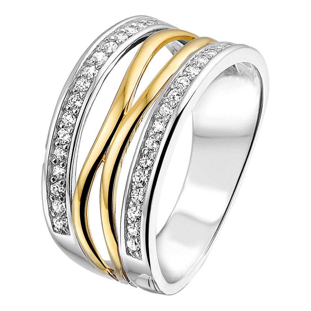 Anello da donna in argento con montatura in oro giallo 14 carati e zirconi bianchi, design minimalista.
