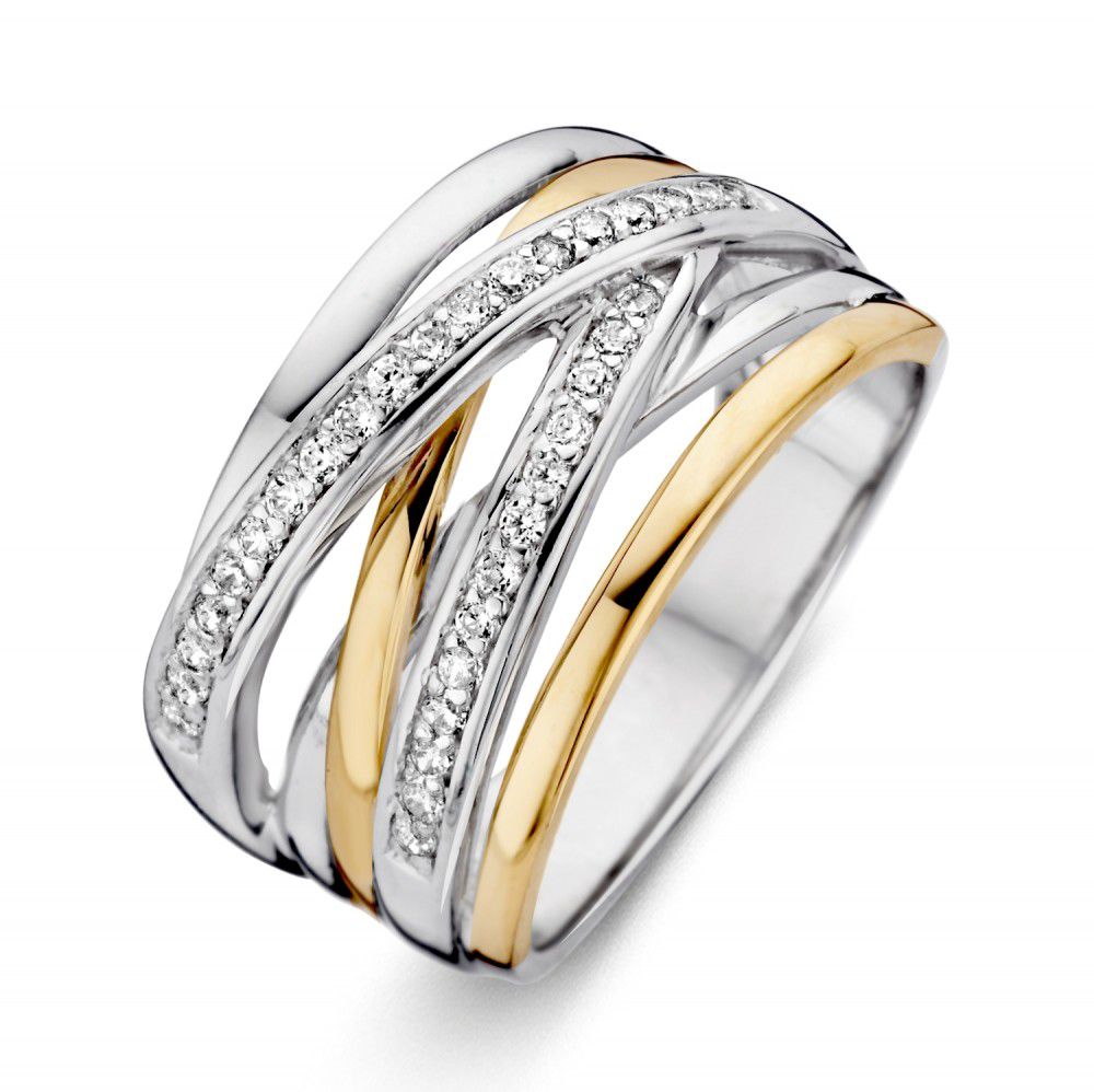 Anello da donna in argento con montatura in oro giallo a 14 carati e zirconi bianchi, design senza tempo.