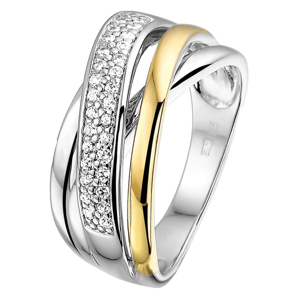 Anello da donna in argento con montatura in oro giallo 14 carati e zirconi, design raffinato.