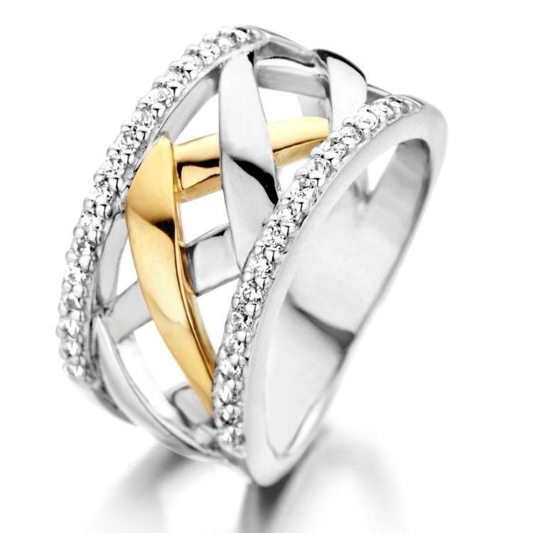 Anello in argento rodiato con dettagli in oro 14 carati e zirkoni.