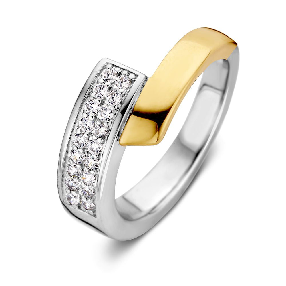 Anello elegante in argento con dettagli in oro giallo e zircone.