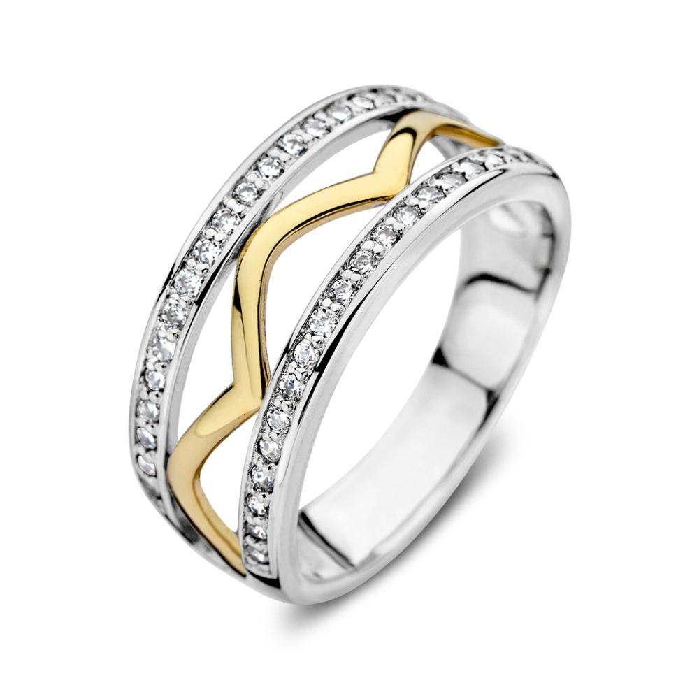 Anello elegante in argento con dettagli in oro giallo 14 carati e zirconi.