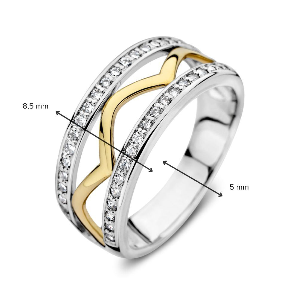 Elegante anello in argento e oro giallo 14 carati da donna con zirconi