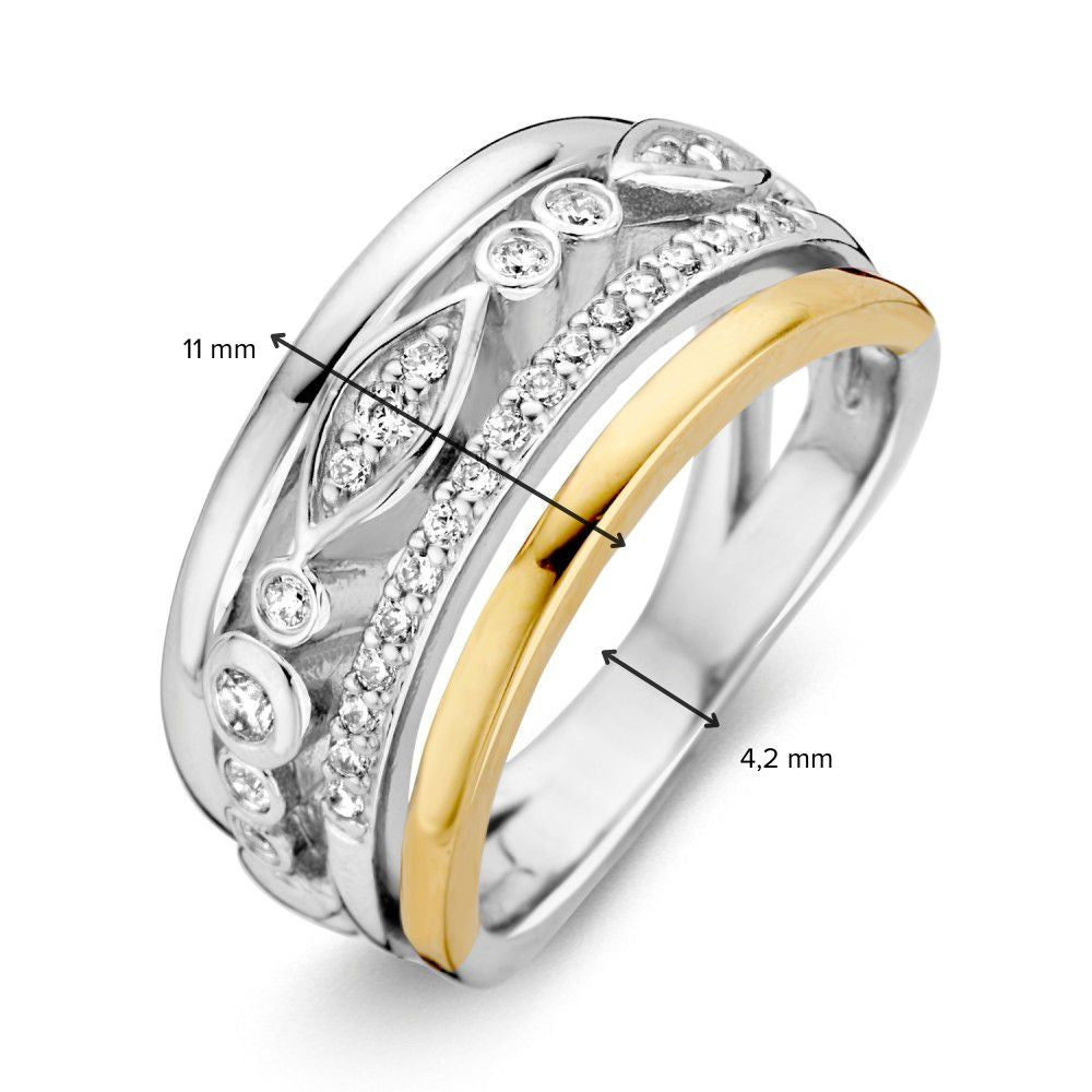 Anello da donna in argento rodiato con oro 14 carati e zirconi