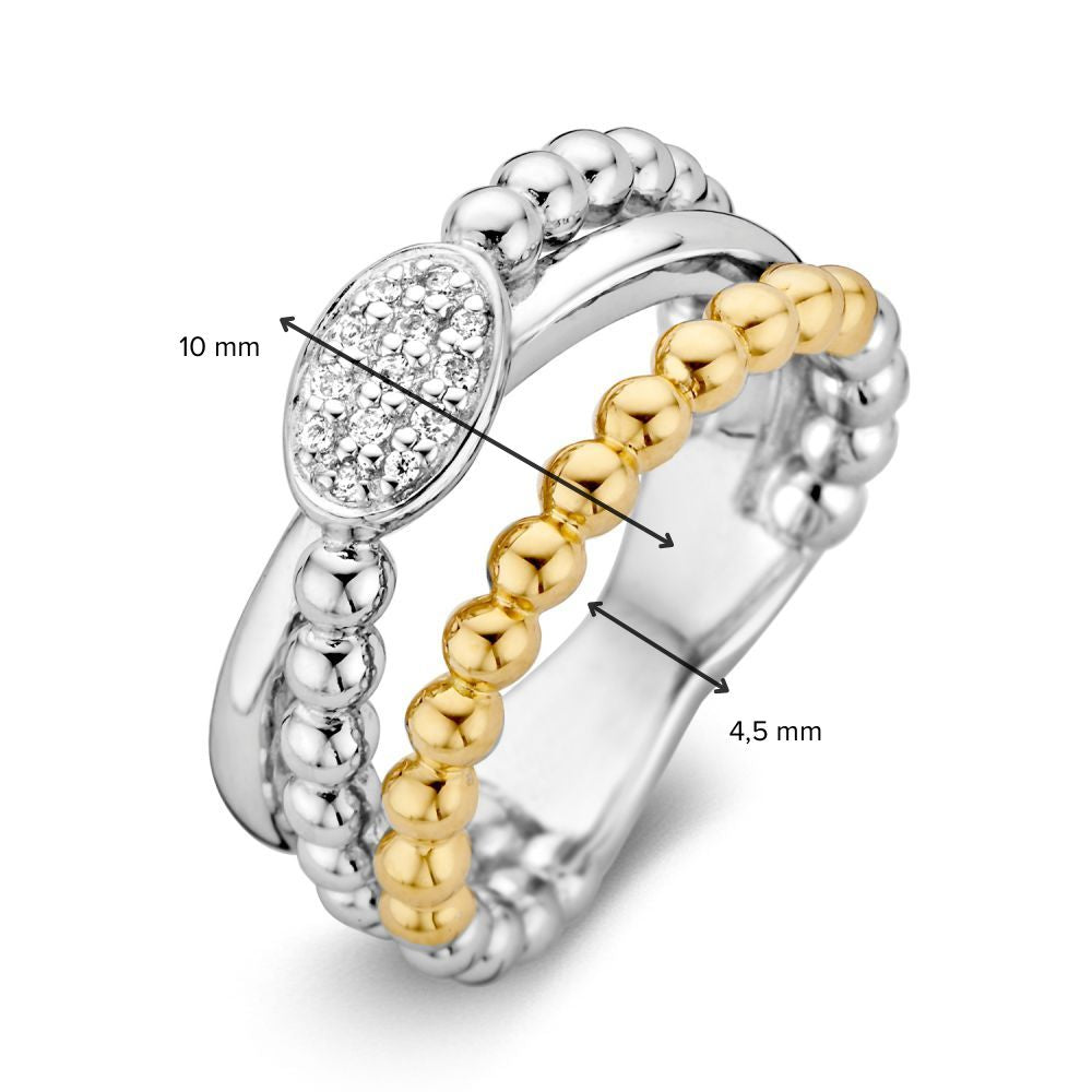 Anello da donna in argento rodiato con oro 14 carati e zirconi – oro giallo