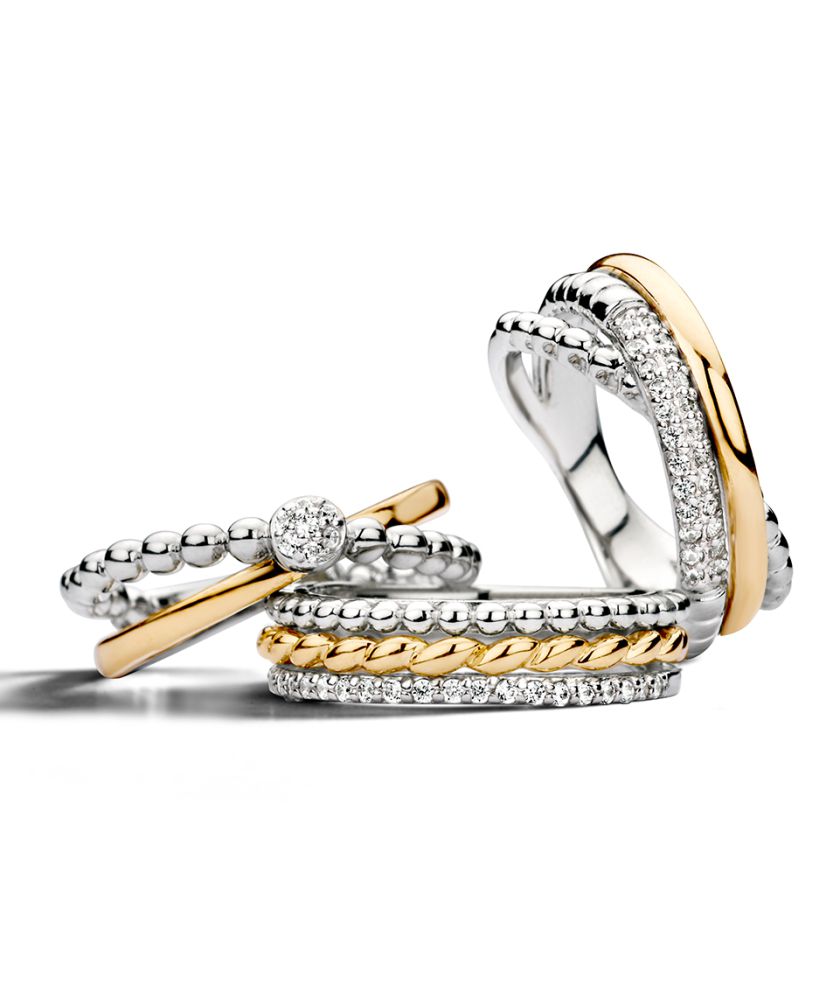 Anello da Donna in Argento Rodiato con Oro 14 Carati e Zirconi – Larghezza 6,1mm – Spedizione Gratuita