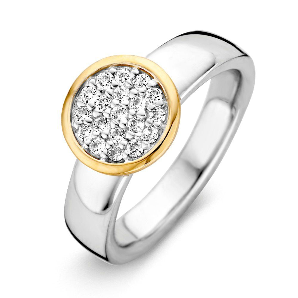 Anello da donna in argento con dettagli in oro giallo a 14 carati e zirconi.