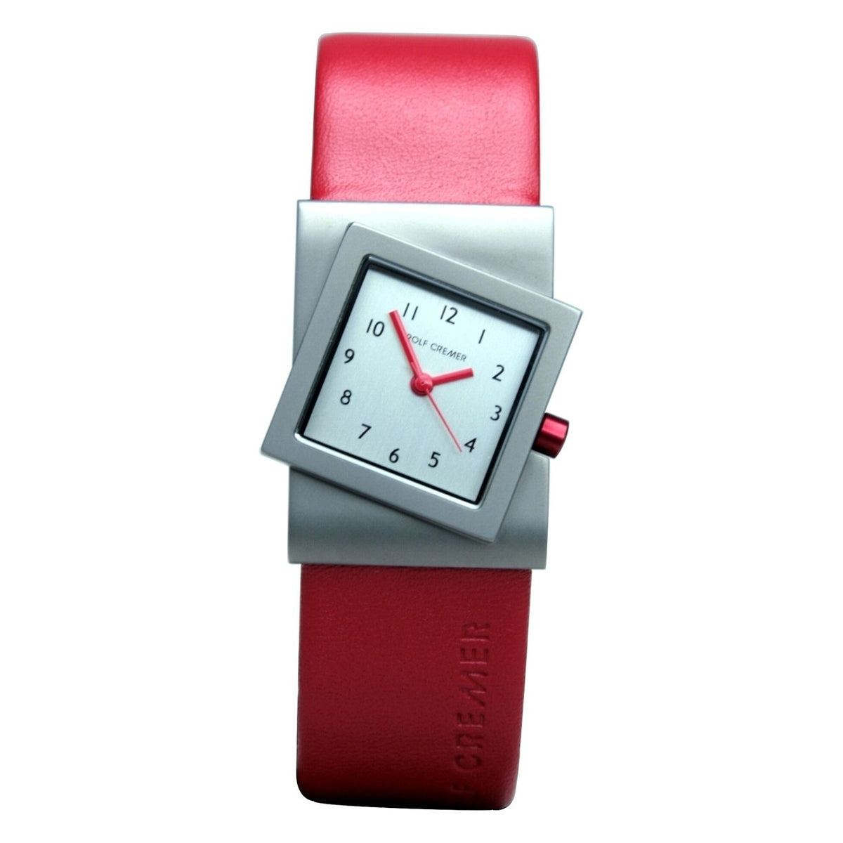Orologio Rolf Cremer con quadrante quadrato argentato, cinturino in pelle rossa.