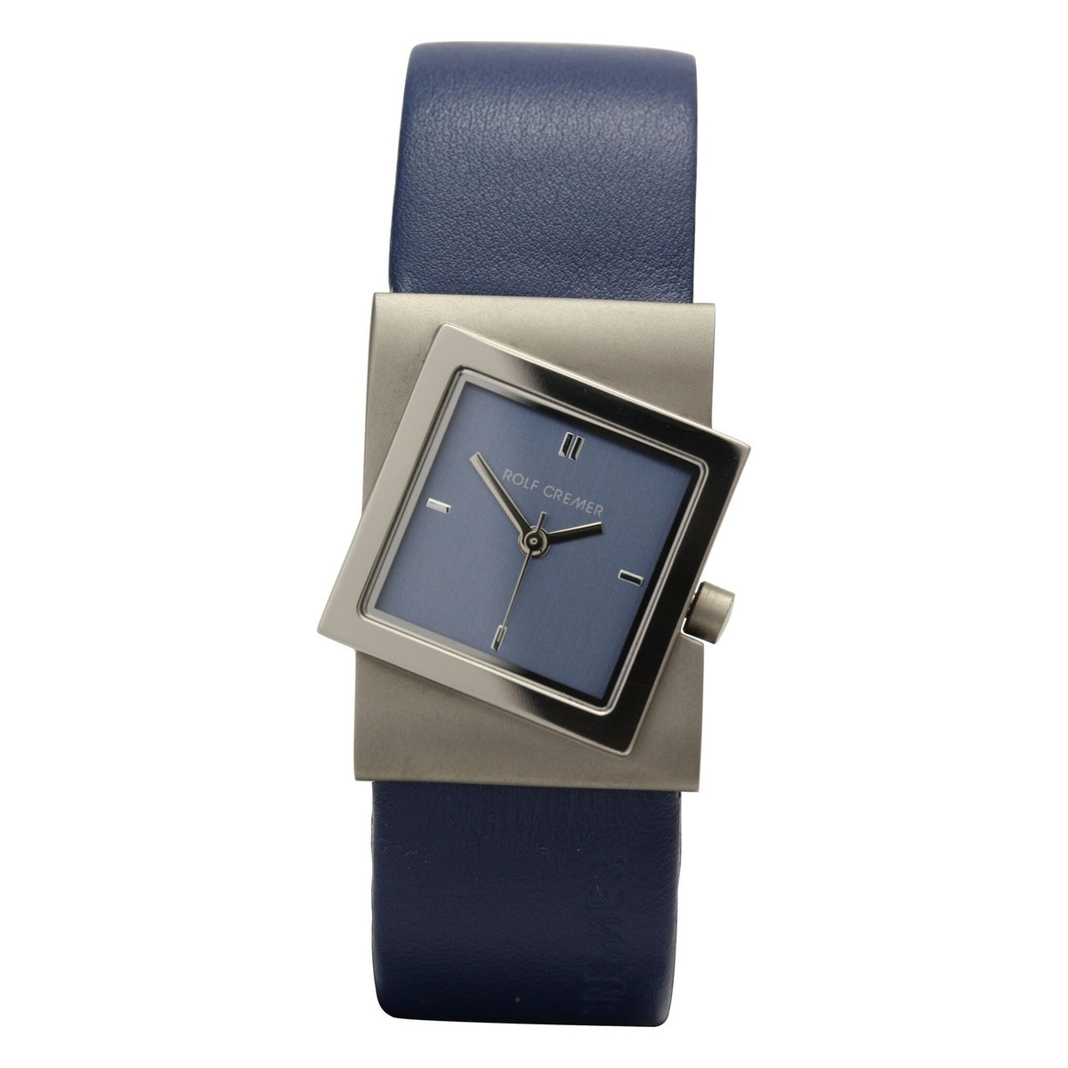 Orologio Rolf Cremer con quadrante blu, cassa quadrata in acciaio e cinturino in pelle blu.