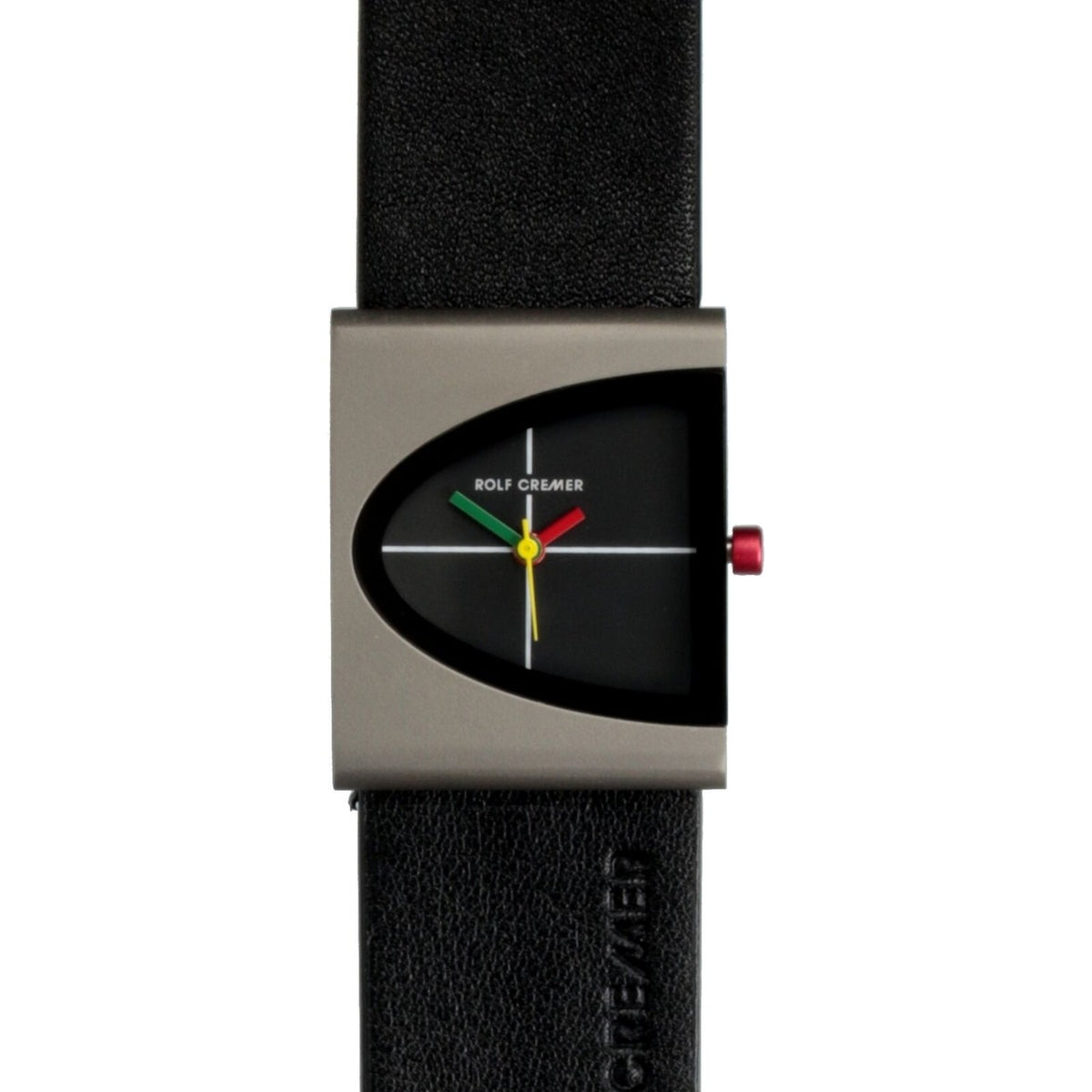 Orologio quadrato con cassa grigia, quadrante nero e cinturino in pelle nera.