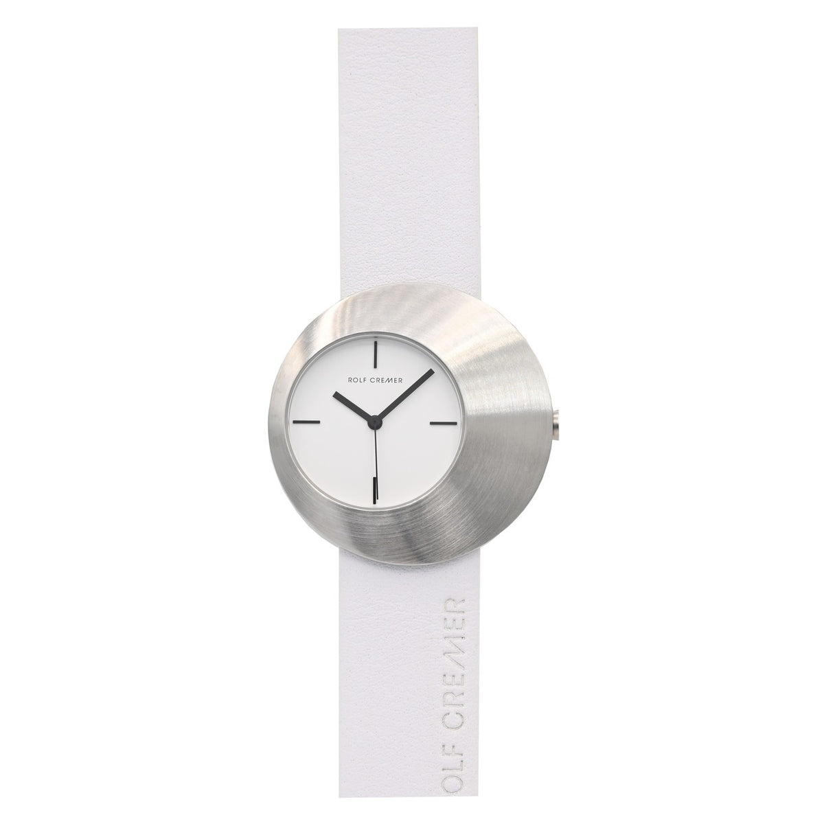 Orologio Rolf Cremer con cassa rotonda in acciaio inox e cinturino bianco.