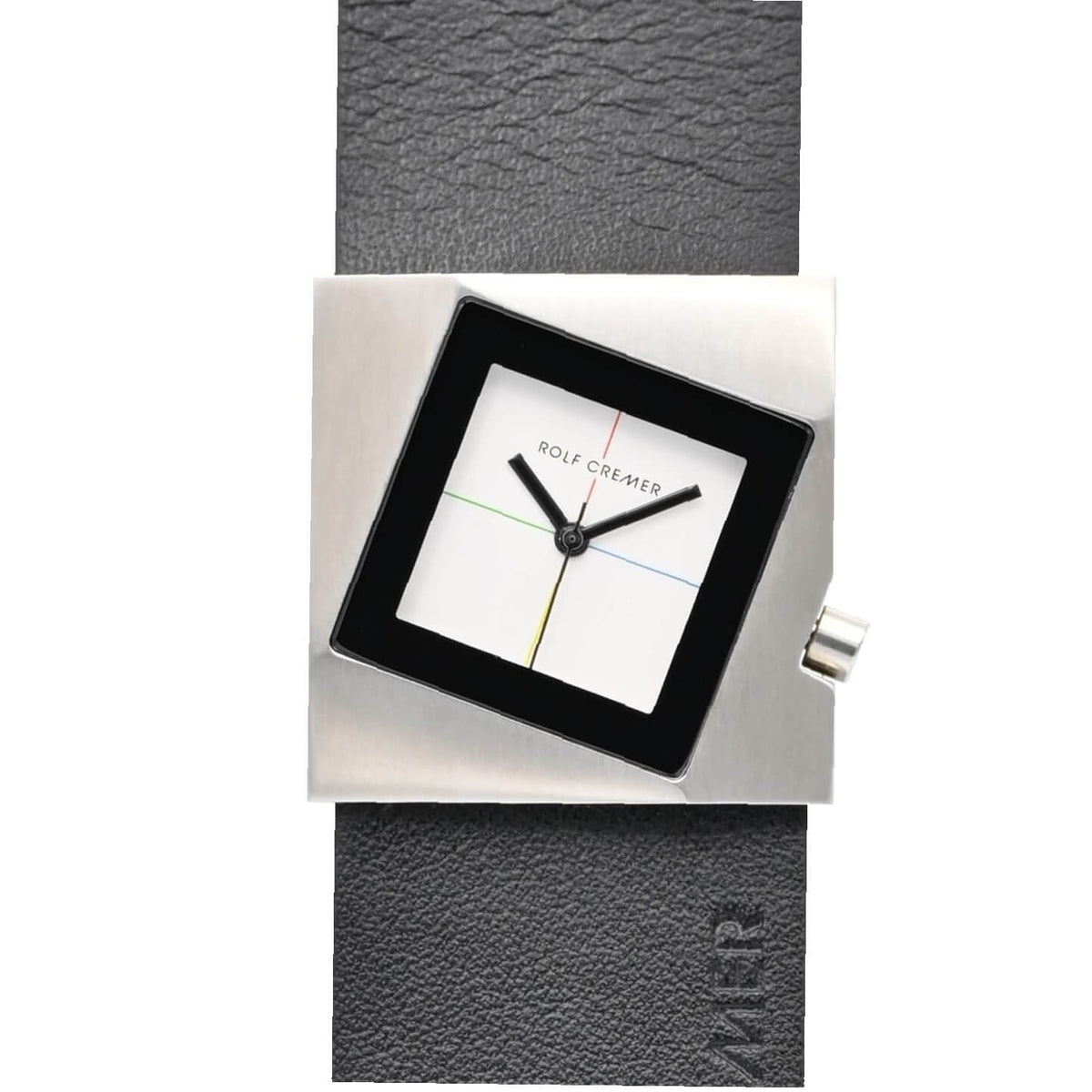 Orologio quadrato con cassa in acciaio inox, quadrante bianco e cinturino in pelle nera.
