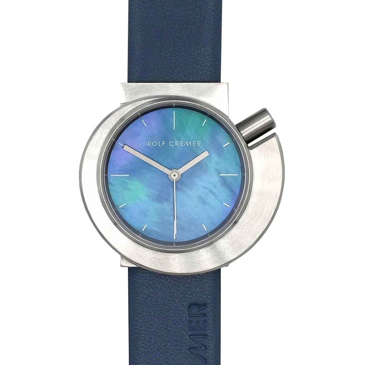 Orologio Rolf Cremer 508500 Spirale S con cassa in acciaio inox e quadrante blu con sfumature verdi.