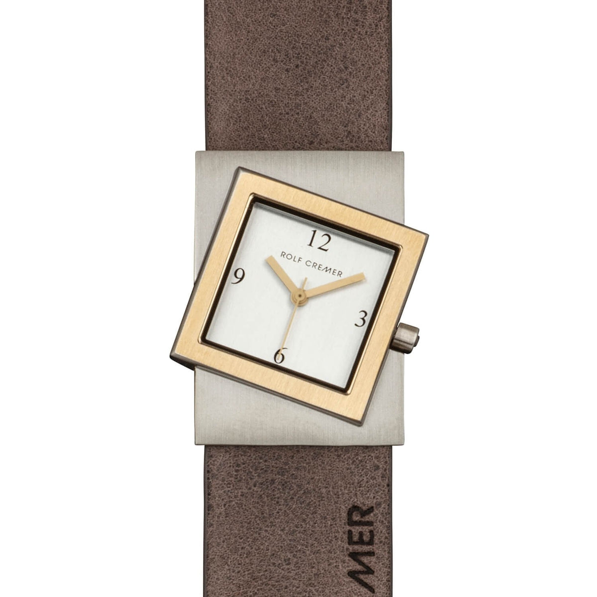 Orologio Rolf Cremer con quadrante quadrato bianco, cassa in acciaio e cinturino in pelle marrone.