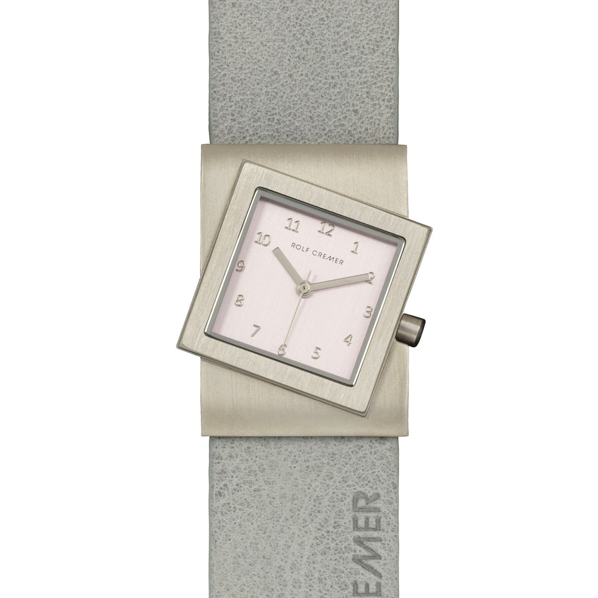 Orologio Rolf Cremer con quadrante quadrato e cinturino in pelle grigia.