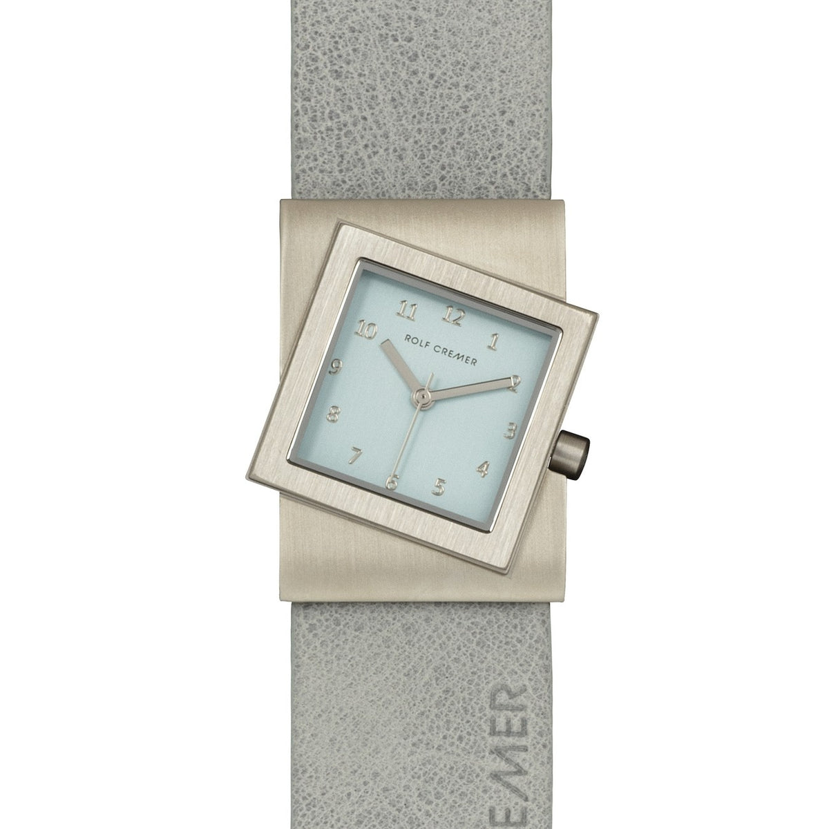 Orologio Rolf Cremer modello 507793 con quadrante azzurro e cassa quadrata in acciaio, cinturino in pelle grigia.