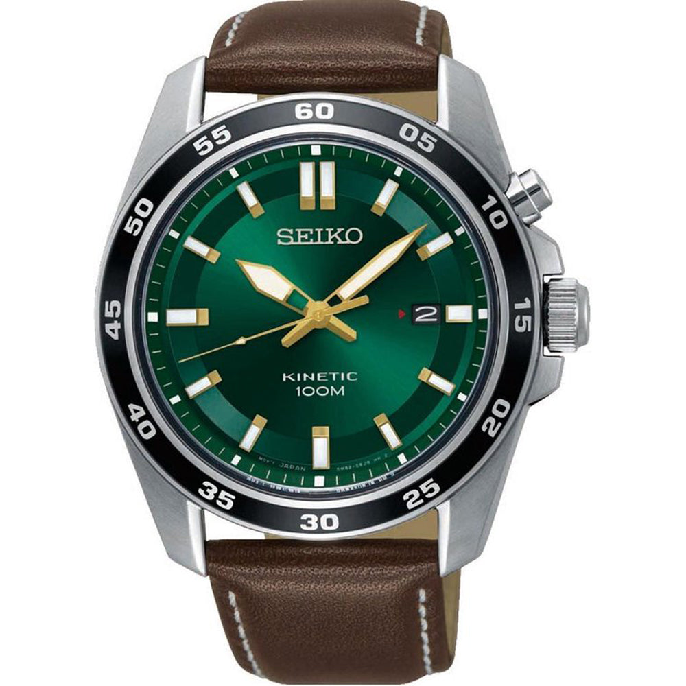 Orologio da uomo Seiko con quadrante verde, cassa in acciaio, cinturino in pelle marrone e dettagli dorati.