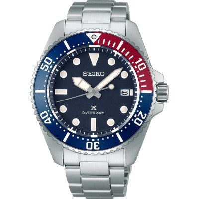 Orologio Seiko Prospex Sea SNE595P1 con cassa in acciaio, quadrante blu e lunetta rossa e blu.