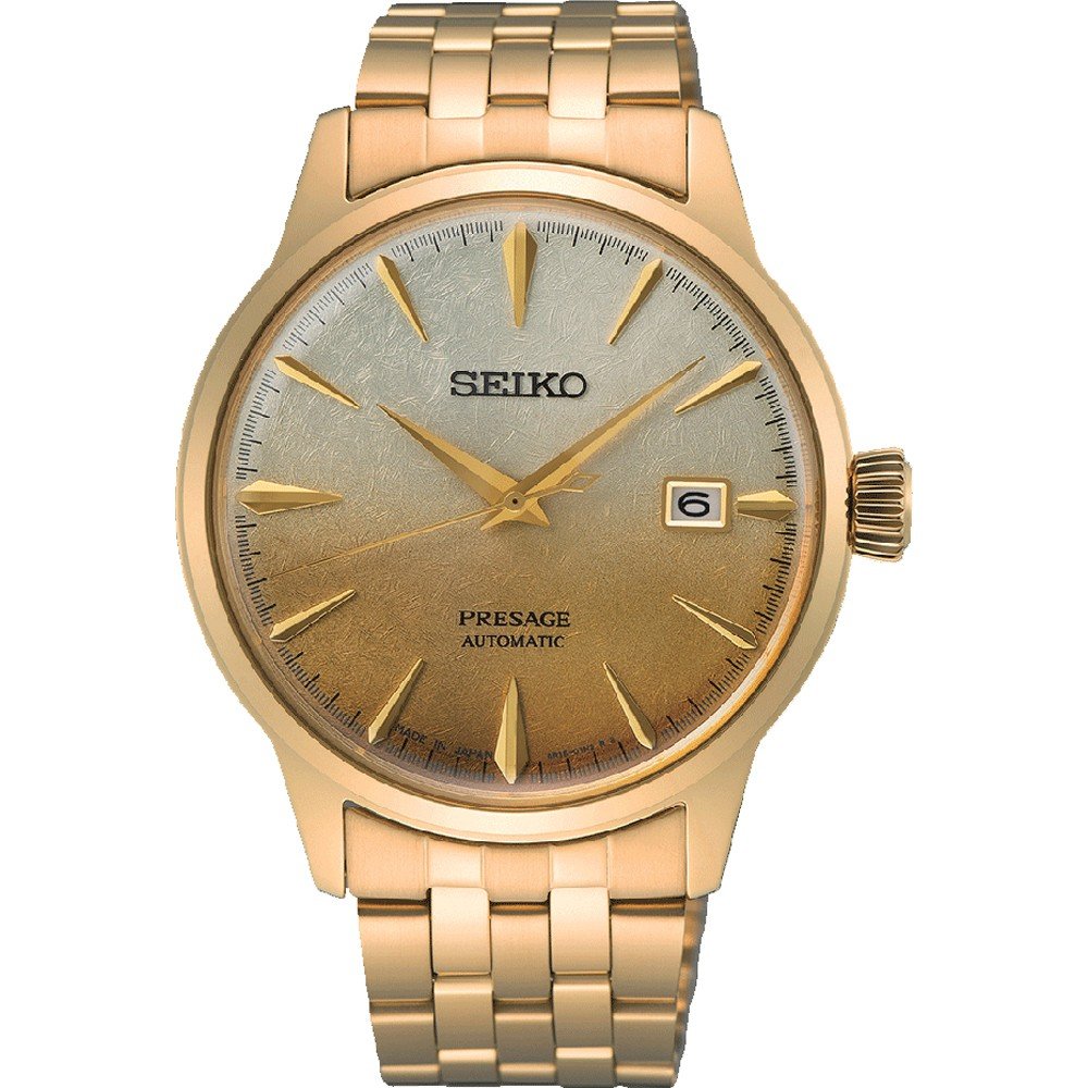 Orologio da uomo Seiko Presage SRPK46 con cassa dorata, quadrante sfumato oro e bracciale in metallo.