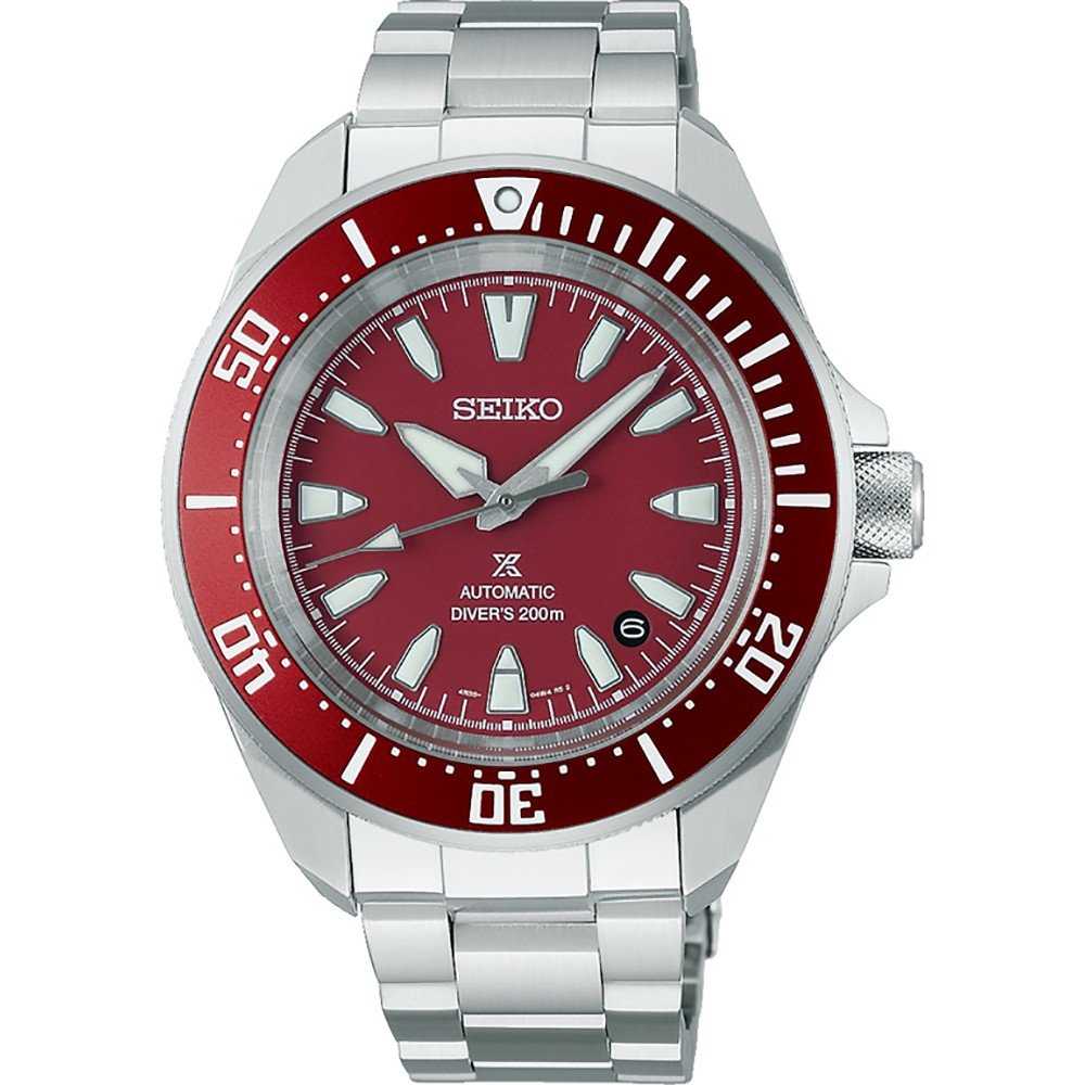 Orologio da uomo Seiko Prospex con cassa in acciaio inox, quadrante rosso e bracciale in acciaio.