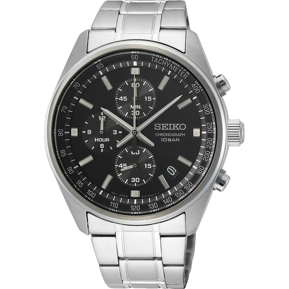 Orologio da uomo Seiko con cassa argentata, quadrante nero e bracciale in acciaio inox.