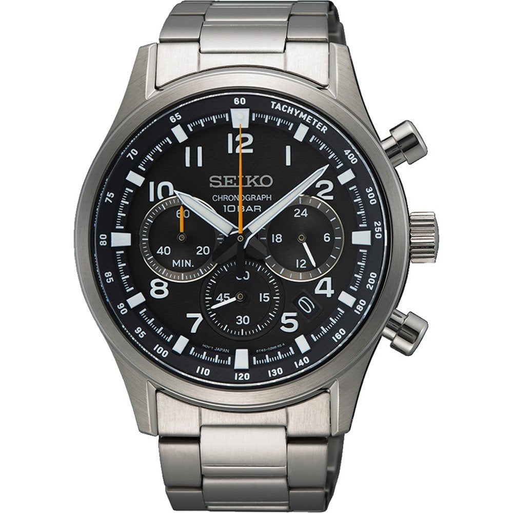 Orologio da uomo Seiko con cassa in acciaio, quadrante nero e cinturino in acciaio, cronografo con dettagli argentati.