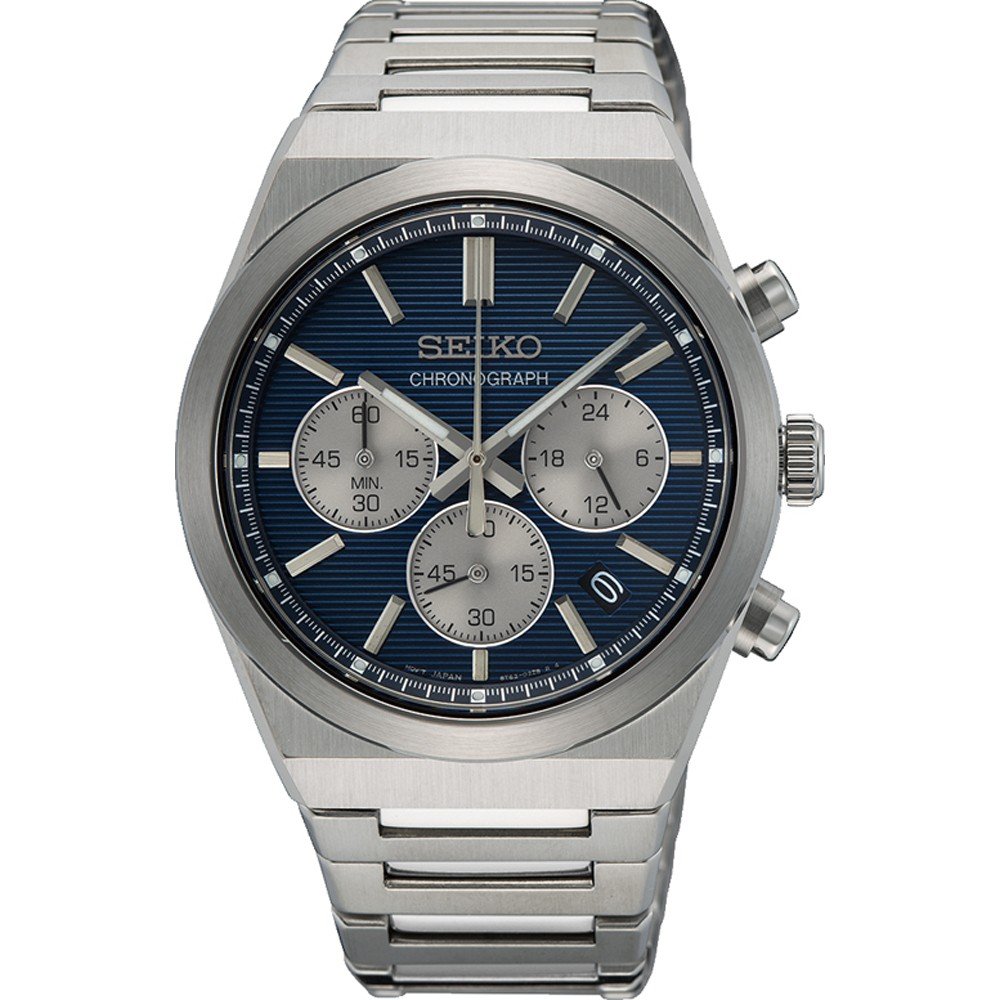 Orologio Seiko SSB453P1 con quadrante blu, cassa in acciaio inox e cinturino a maglia rolò.