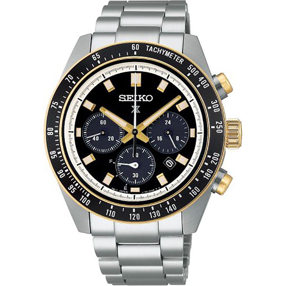Orologio da uomo Seiko Prospex con cassa in acciaio inox, quadrante nero e dettagli dorati.