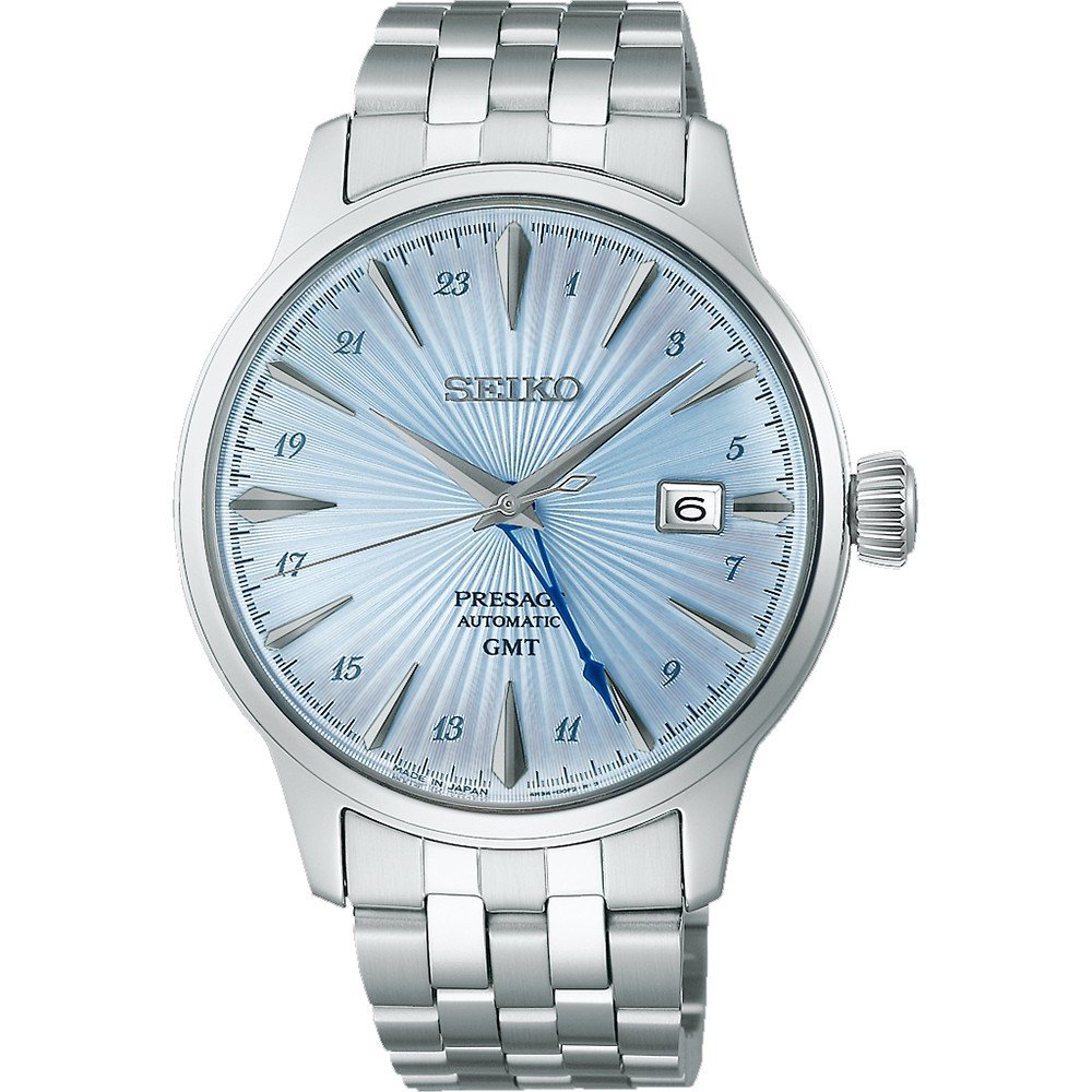 Orologio da uomo Seiko Presage con cassa argentata, quadrante blu chiaro e bracciale in acciaio inox.