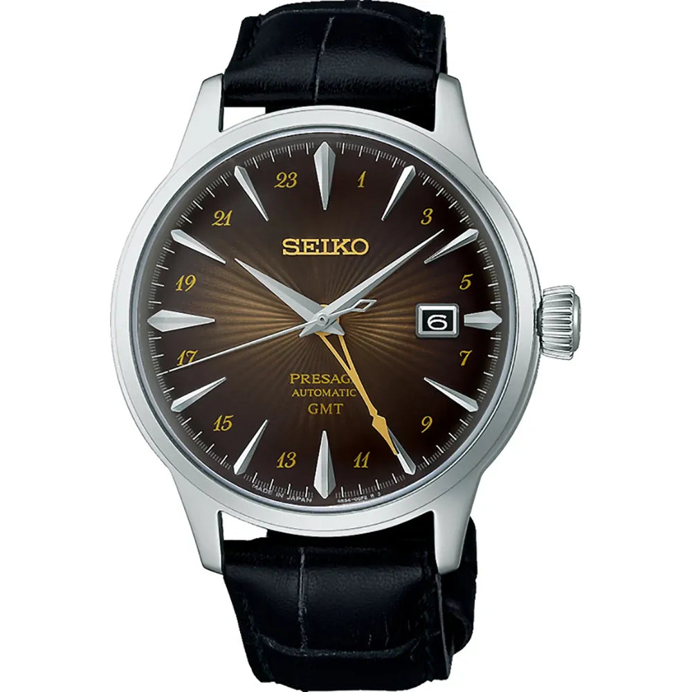 Orologio da uomo Seiko Presage con quadrante marrone, cassa in acciaio e cinturino in pelle nera.