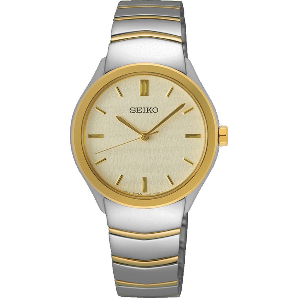 Orologio da donna Seiko con cassa argentata e dettagli dorati, quadrante oro e bracciale in acciaio.