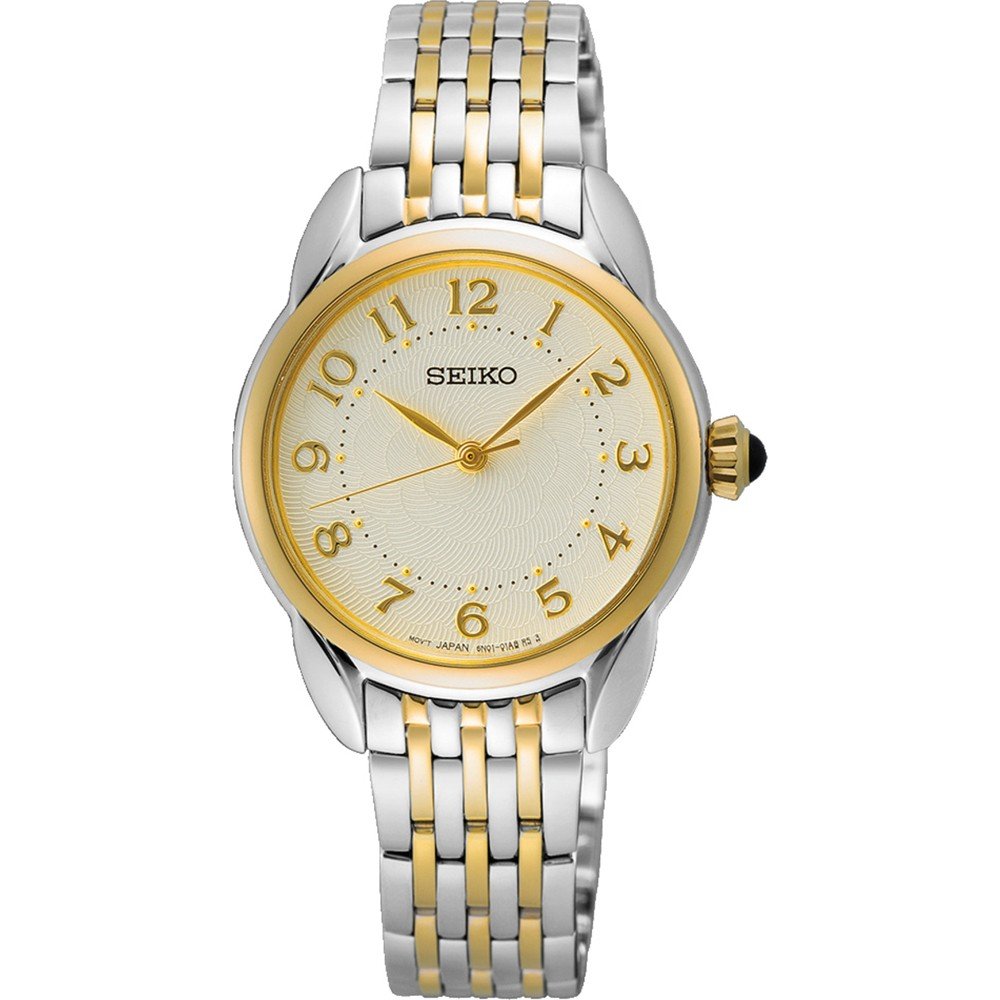 Orologio da donna Seiko con cassa argentata e quadrante dorato, cinturino in acciaio bicolore.