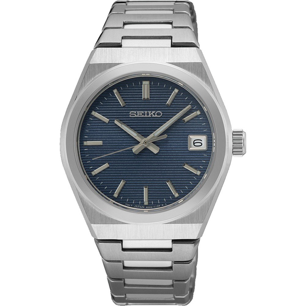 Orologio Seiko con cassa in acciaio inox, quadrante blu con finitura a righe e datario.