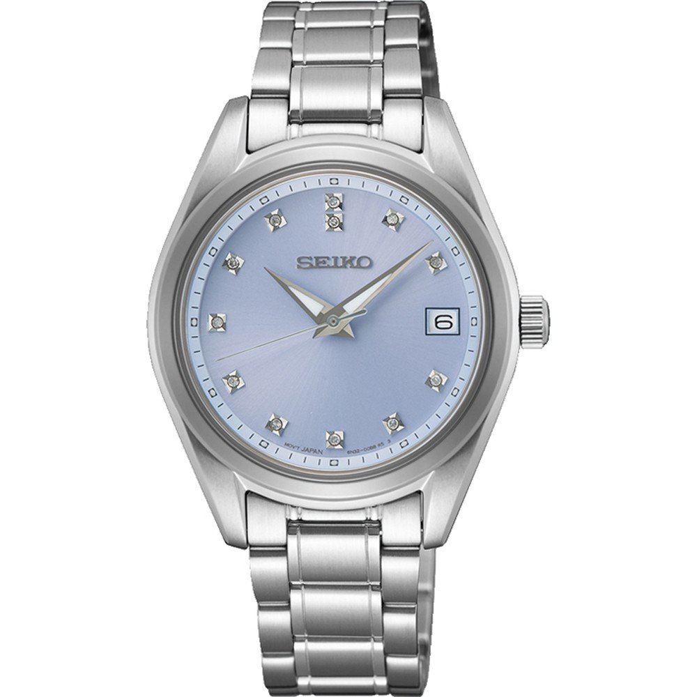 Orologio Seiko con cassa argentata, quadrante blu chiaro e diamanti come indici.