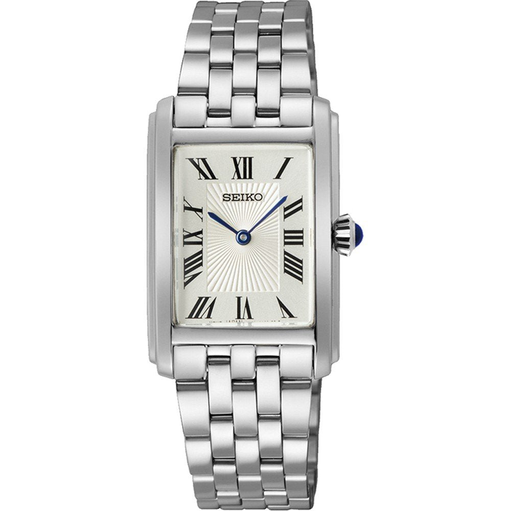 Orologio da donna Seiko con cassa rettangolare argentata, quadrante chiaro e numeri romani, bracciale in acciaio.