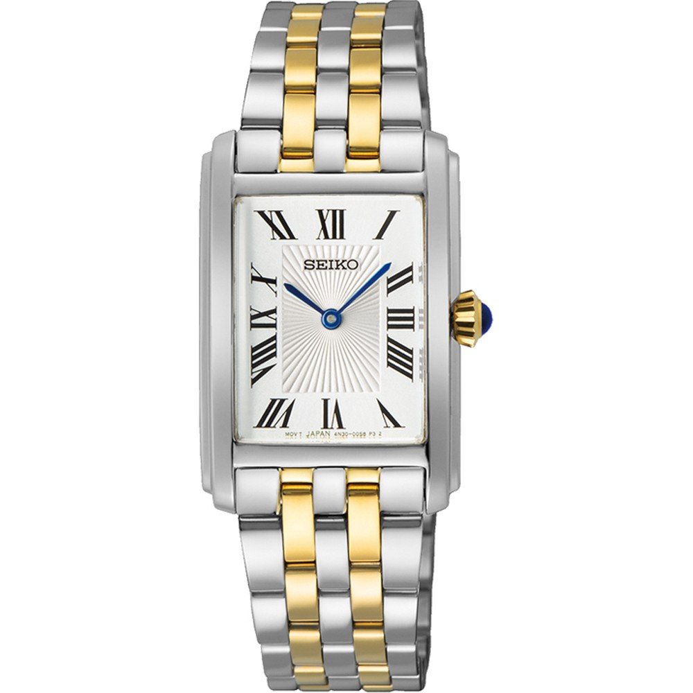 Orologio da donna Seiko con cassa rettangolare, quadrante bianco e bracciale in acciaio e oro.