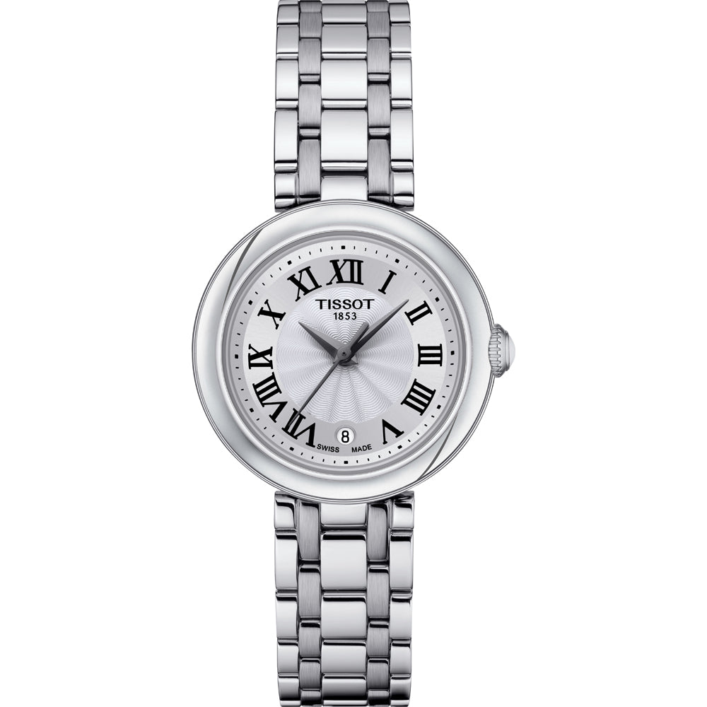 Orologio Tissot Bellissima da donna con cassa rotonda in acciaio inox e quadrante argentato con numeri romani.