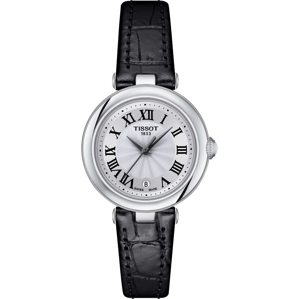 Orologio Tissot Bellissima Small da donna con cassa argentata, quadrante argentato e cinturino in pelle nera.