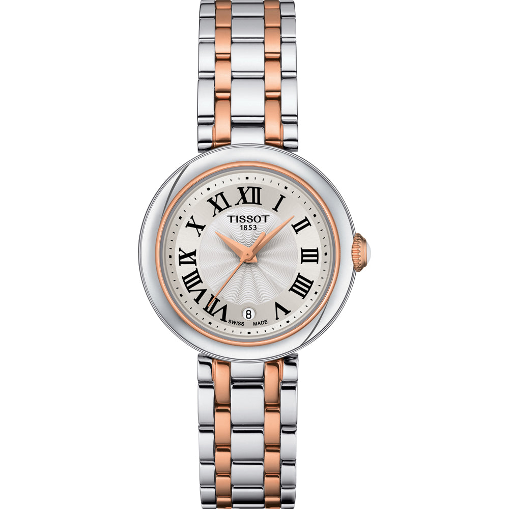 Orologio Tissot Bellissima con cassa argentata e dettagli in oro rosa, quadrante chiaro e numeri romani.