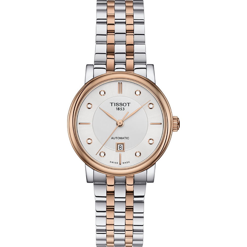 Orologio automatico da donna Tissot Carson Premium con cassa argentata e dorata, quadrante bianco e bracciale a maglia.