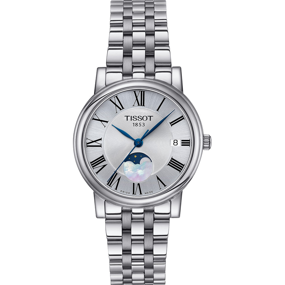 Orologio Tissot Carson Premium Lady con quadrante argentato, cassa in acciaio e bracciale a maglia rolò.