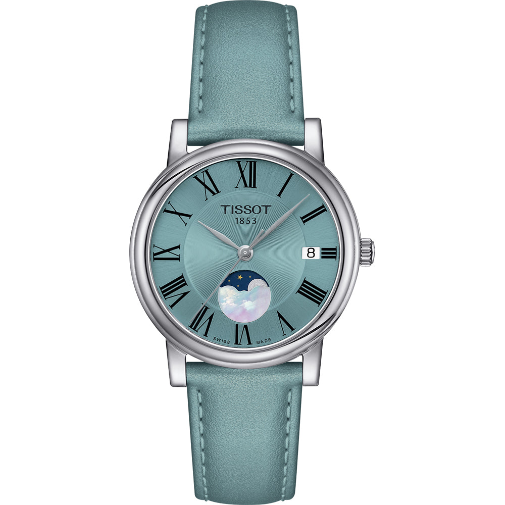 Orologio da donna Tissot Carson Premium con quadrante verde acqua, numeri romani e fase lunare.