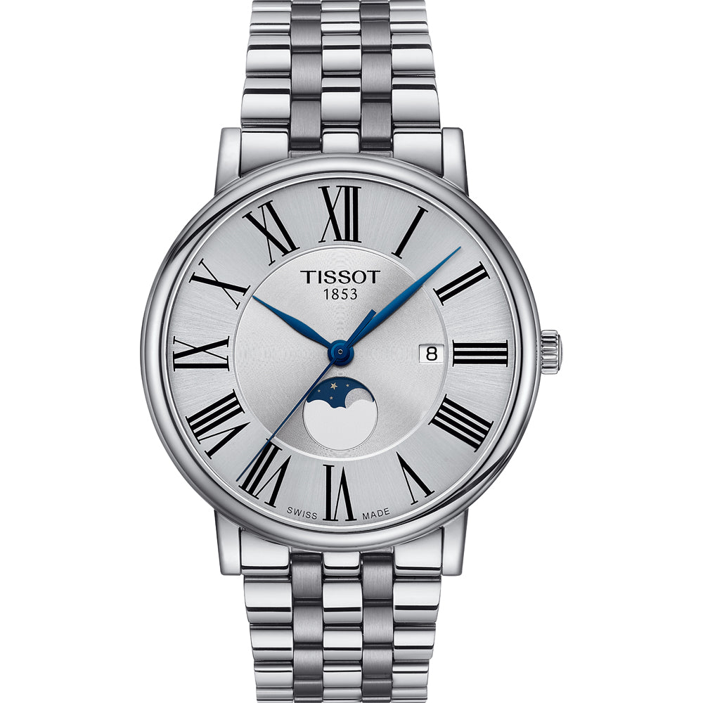 Orologio Tissot Carson Premium Gent con quadrante argento, lancette blu e fase lunare.