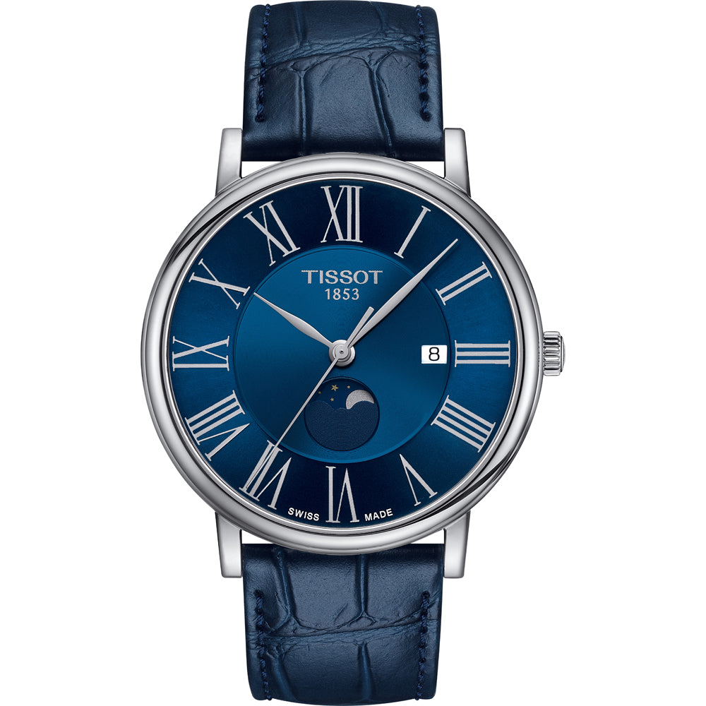 Orologio Tissot Carson Premium Gent con quadrante blu, cassa in acciaio e cinturino in pelle blu.