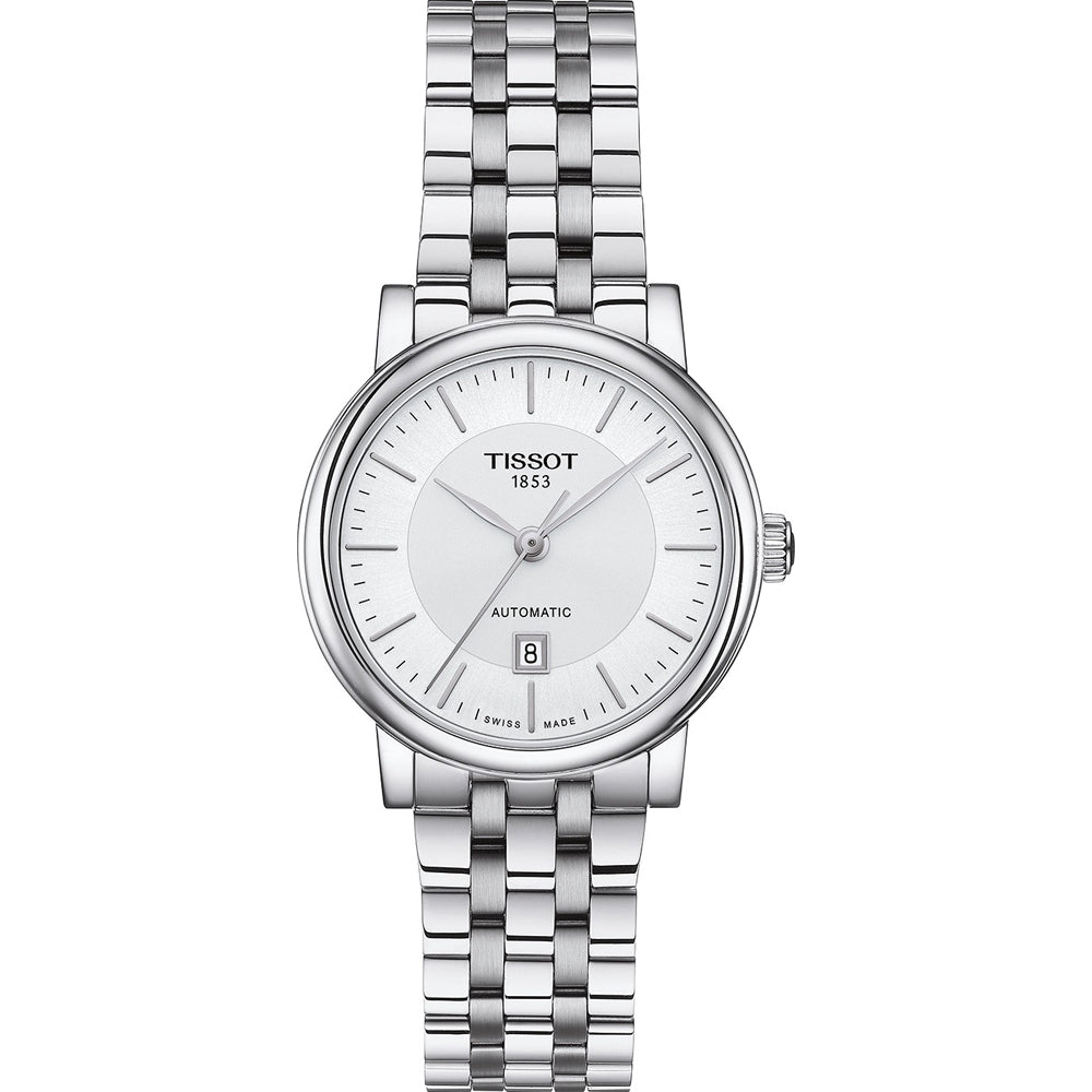 Orologio da donna Tissot Carson Premium Automatic con cassa argentata e quadrante bianco, bracciale in acciaio inox.