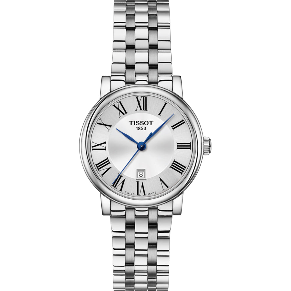 Orologio Tissot Carson Premium Lady con cassa argentata, quadrante bianco e bracciale in acciaio inox.