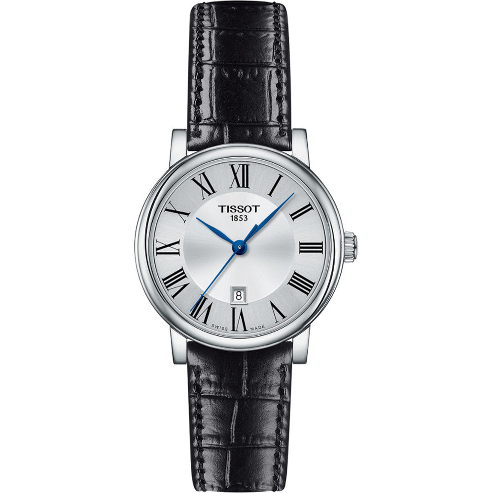 Orologio da donna Tissot con quadrante argentato, cassa in acciaio e cinturino in pelle nera.