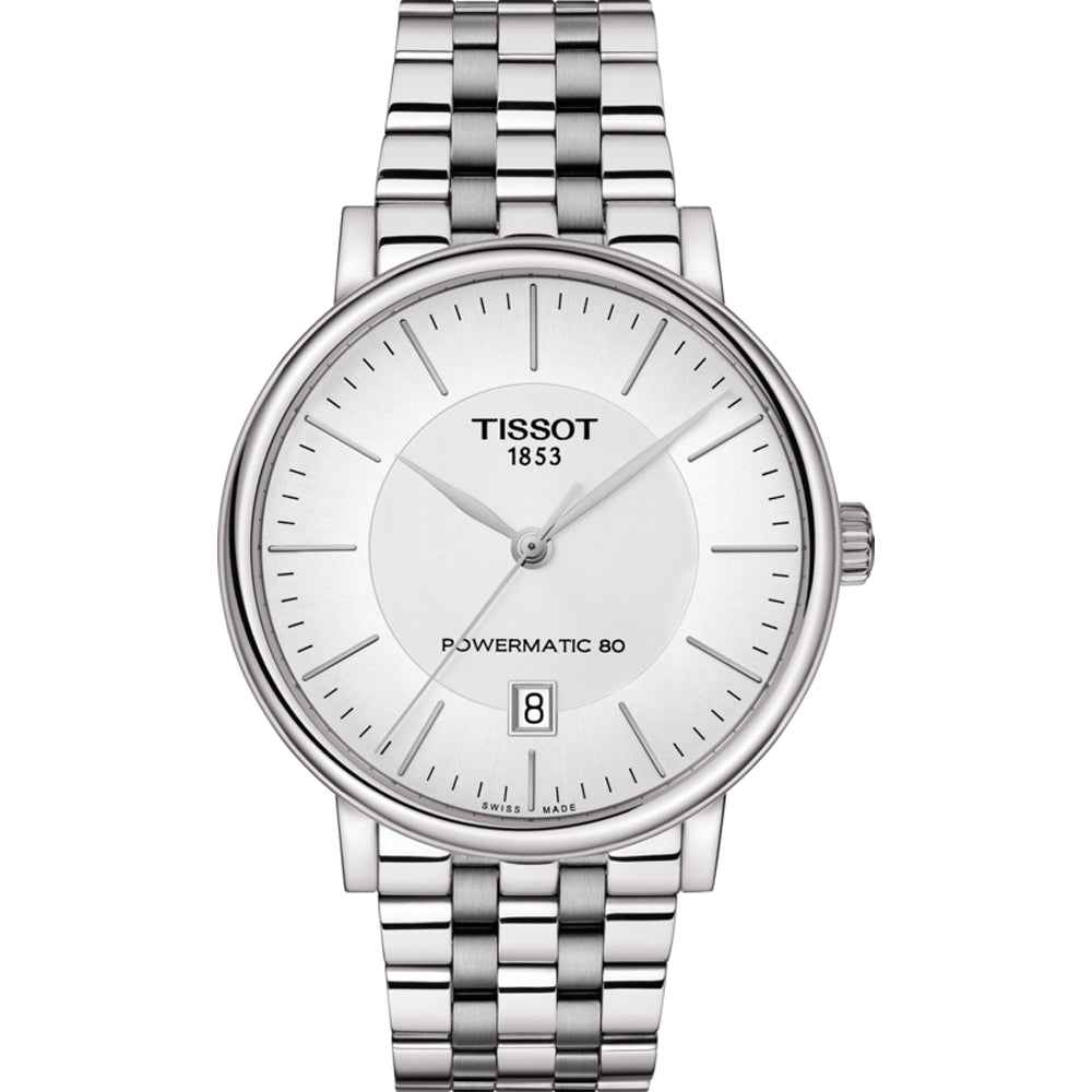 Orologio Tissot Carson Premium con cassa argentata, quadrante bianco e bracciale in acciaio inox.